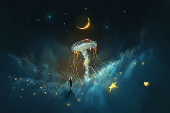 Introvert space traveler, blue, night, alromeadheen, art, jellyfish, ahmx, summer, star, moon, fantasy, yellow, giant, vara, silhouette HD wallpaper