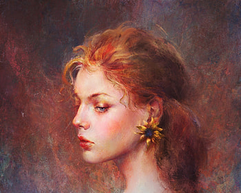 Her summer, frumusete, art, girl, orange, earring, sunflower, summer, jewel, jojo z, fantasy, face, luminos, redhead HD wallpaper