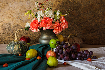 Still life, Apples, Flowers, Pear, Grapes HD wallpaper