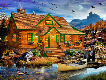 Blue Mountain Cabin, bear, house, mountains, owl, boat, duck, artwork, digital, moon, clouds, sky HD wallpaper