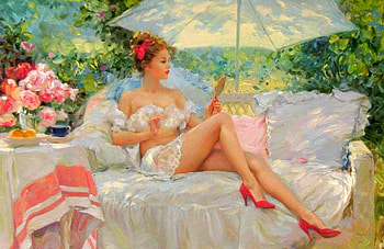 Muze in the Garden, razumov, art, parasol, girl, beautiful, konstantin, woman, digital, painting, fantasy, pretty, muze HD wallpaper