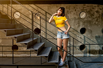 Model, women, shorts, jeans, asian HD wallpaper
