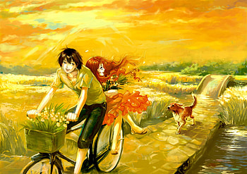 Running Wind, dog, animal, lover, scene, girl, anime girl, bicycle, anime, boy, love, scenic, couple HD wallpaper