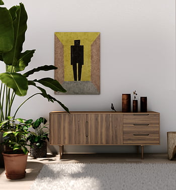 Stylish minimalist living room featuring modern art, wooden furniture, and lush houseplants. HD phone wallpaper