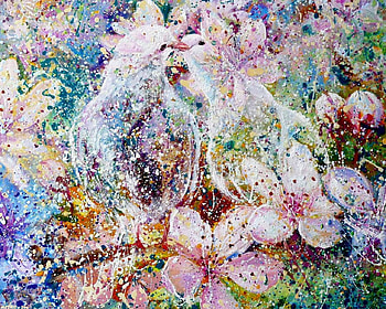 Spring love by Irina Souchelnytskyi, blue, Irina Souchelnytskyi, white, dove, bird, art, spring, pink, painting, flower, love, green HD wallpaper