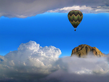Above and below, blue sky, white, clouds, sky, hot air balloon, floating, mountain HD wallpaper