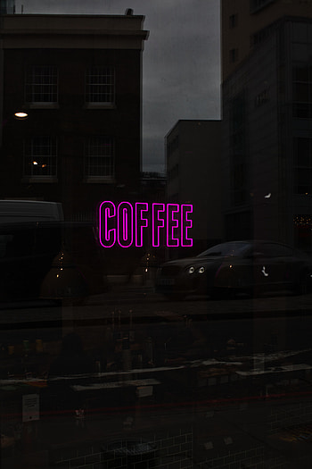 Coffee, Reflection, Words, Neon, Glass, Inscription, Sign, Signboard, Showcase HD phone wallpaper
