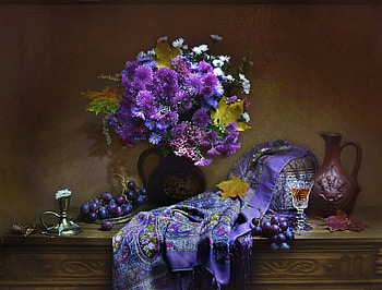 Still life, Mood, Candle, Shawl, Grapes, Chrysanthemum, Candlestick HD wallpaper