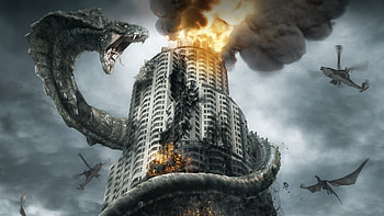 attack, snake, flames, skyscraper, monster, planes, building, fantsy, fire HD wallpaper