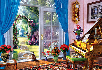 Garden Piano View, room, artwork, digital, window, door, garden, cat HD wallpaper