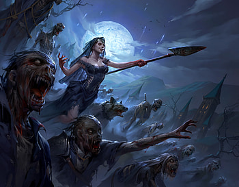 Ghouls night out, moon, fantasy, ghoul, zombie, luminos, night, blue, fajareka setiawan, halloween, luna HD wallpaper
