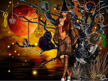 Witch, abstract, fantasy, cat, tree HD wallpaper