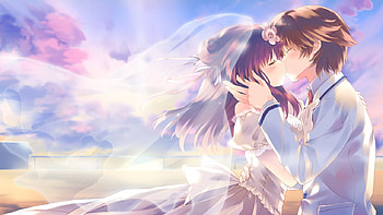 Hoshi no Ouji-kun, wedding, cg, couple, game, kiss, sky HD wallpaper