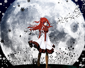 MoonRise, night, black, cute, red hair, long hair, dress, moonlight, moon, snow, warrior, female, sexy, sword, hot, snow flake, blue eye, girl, dark, blade, anime girl, anime, weapon, red head, fighter HD wallpaper