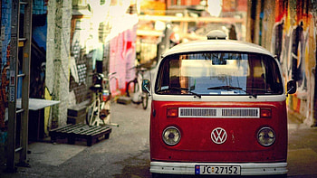 Old Red VW Bus HD wallpaper