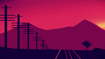 Power Lines Sunset Landscape, synthwave, roads, mountains, silhouette, artist, artwork, art, digital-art, deviantart HD wallpaper