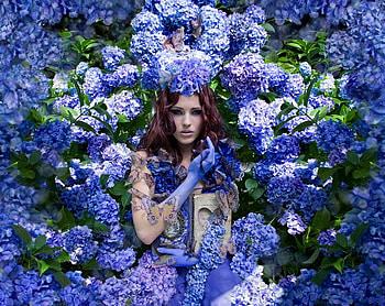 BLUE FLOWER QUIN, blue, quin, woman, pretty, flower, green, nature, , pretty face, female HD wallpaper