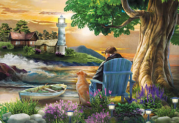 Old Friends, man, coast, nature, tree, chair, dog, boat, lighthouse, artwork, painting, flowers HD wallpaper