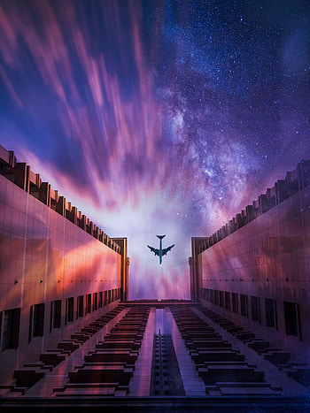 Cities, Sky, Night, Architecture, Building, Plane, Airplane HD phone wallpaper