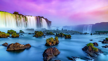 Iguazu Falls, Brazil, river, colors, landscape, cascades, sky, rocks, sunset HD wallpaper