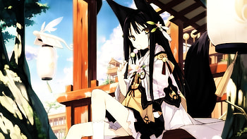 Another day..., kimono, yellow eyes, ribbon, cute, black hair, tail, food, mochi, animal ears, fox ears HD wallpaper