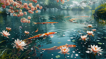Tranquil Lake: Koi and Cherry Blossoms -, lake, koi, fish, cherry blossom HD wallpaper