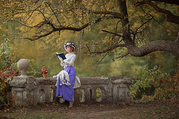ღ, Hat, Tree, Flowers basket, Reading, Woman, Pose HD wallpaper