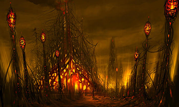 The Last Stop, city, fantasy, demons, space, fire, dark, future HD wallpaper
