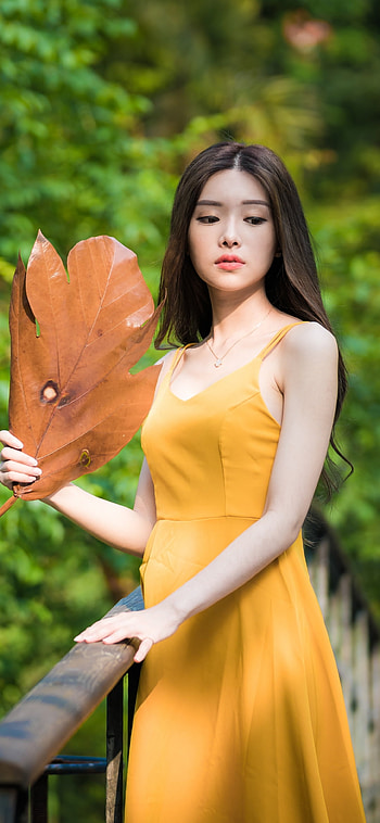 model, brunette, yellow dress, woman, asian HD phone wallpaper