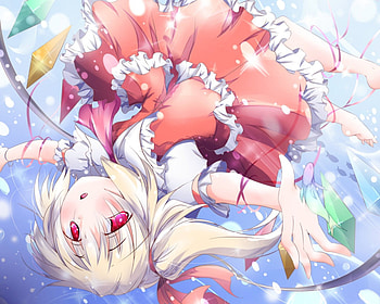 Flandre Scarlet, barefoot, wings, blonde, red eyes, dress, anime, touhou, blush HD wallpaper