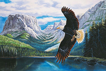 Searching, mountains, eagle, lake, artwork, painting, sky HD wallpaper