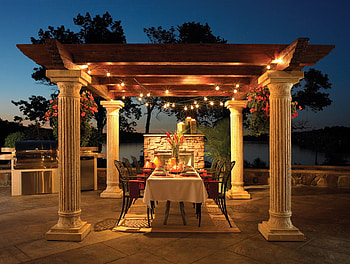 Tuscany evening, tablecloth, pillars, chairs, pergola, candles, water, table, backyard, plates, vase, romance, flame, beautiful, lake, dining, romantic, flowers, fire, tuscany, barbaque, evening HD wallpaper