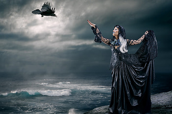Goth girl, Raven companion, Intriguing duo, Enigmatic allure HD wallpaper