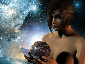 In the palm of her hand, earth, planets, galaxy, space, woman HD wallpaper