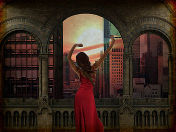 Morning Dance, dancing, skyscrapers, red dress, woman, sunrise HD wallpaper