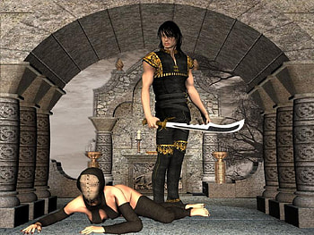 Swords Man and Protector, sword, arch, fighter, leather, pillars, protect, woman, vailed HD wallpaper