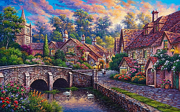 Queretaro, river, houses, Mexico, artwork, painting, bridge, trees, clouds, sky, village HD wallpaper