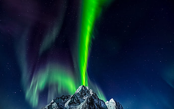 Lofoten Islands, northern lights, night, mountain landscape, snow, starry sky, Norway HD wallpaper