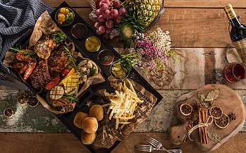 Dinner, fruit, food, meat HD wallpaper