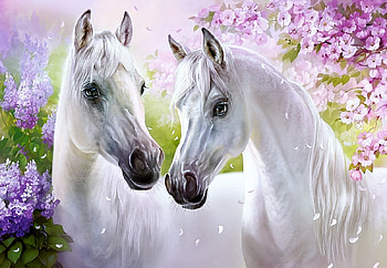Romantic Horses, white, painting, blossoms, cute, garden HD wallpaper