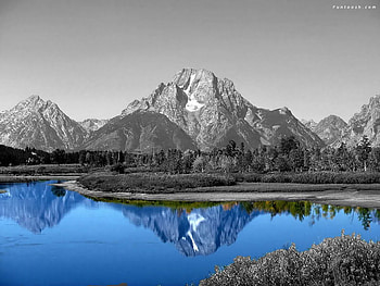 Black and White Mountains Blue Lake, abstract, graphy, other, nature, mountains, lake HD wallpaper