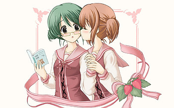 Soft Kiss, Anime Friends, Green Hair, Strawberry Panic, Classmates, Yuri, Blushing, Kizuna, Big Eyes, Reading, Anime Couple, Kiss, Friends, Anime, Book, Anime Kiss, Seifuku, Brunette, Anime Girls, School Uniform, Remon, Glasses HD wallpaper