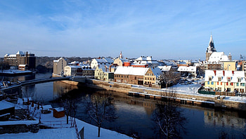winter in a german town, winter, bridge, river, town HD wallpaper