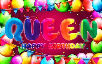Happy Birtay Queen, , colorful balloon frame, Queen name, purple background, Queen Happy Birtay, Queen Birtay, popular american female names, Birtay concept, Queen HD wallpaper