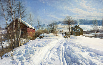Countryside Winter, horse, sleigh, hills, painting, men, snow, houses HD wallpaper