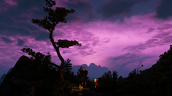The Witcher 3 Geralt and Ciri near the bonfire, The Witcher 3: Wild Hunt HD wallpaper