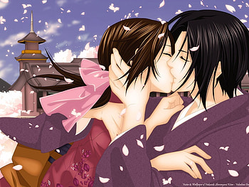 Anime couple, abstract, anime, fantasy, kiss, people, listen HD wallpaper