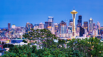 Seattle Skyline, Global connectivity, Atlas network, Worldwide travel HD wallpaper