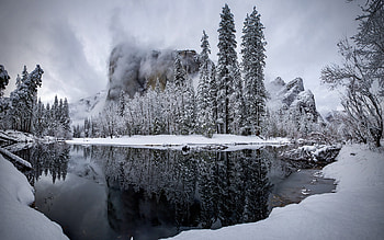 Yosemite, winter, Merced river, snow HD wallpaper