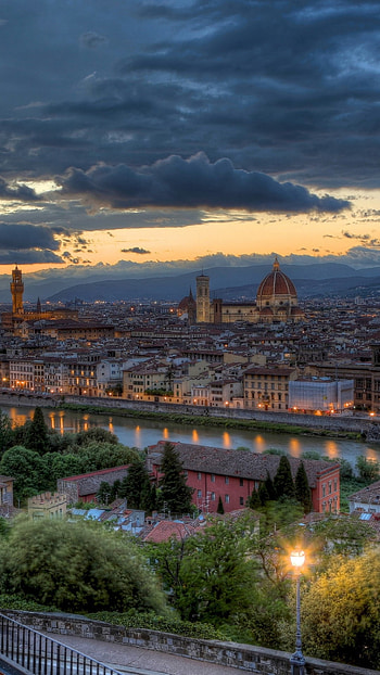Italy Tuscany, Sunset cityscape, River panorama, Majestic clouds HD phone wallpaper